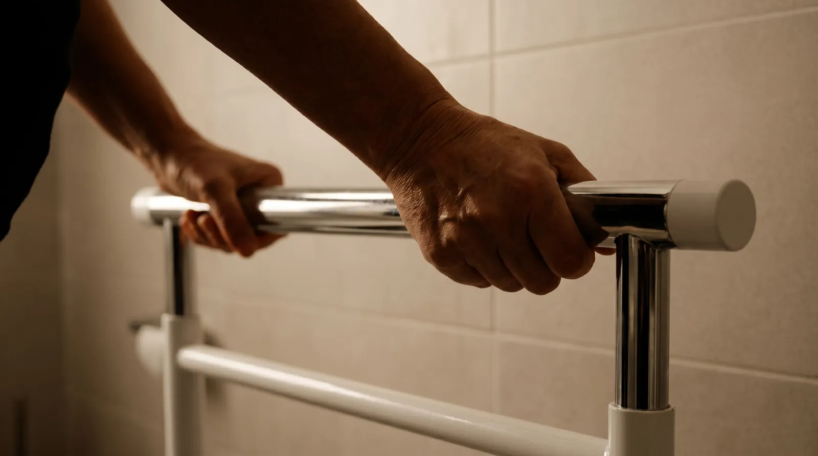 Two hands gripping a newly installed bathroom grab bar